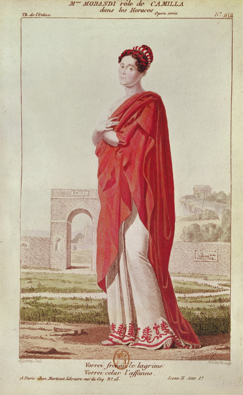 Madame Morandi i rollen som Camille, från akt I, scen 2 av "Horatii" av Pierre Corneille (1606-84) graverad av Pierre Maleuvre (1740-1803) av Ambroise Louis Garneray