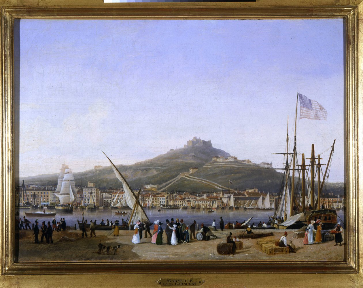 Hamnen i Marseille av Louis Garneray, sd. omkr. 1820, Olja på duk, H. 0,330; L. 0,460. CCIP Coll. av Ambroise Louis Garneray