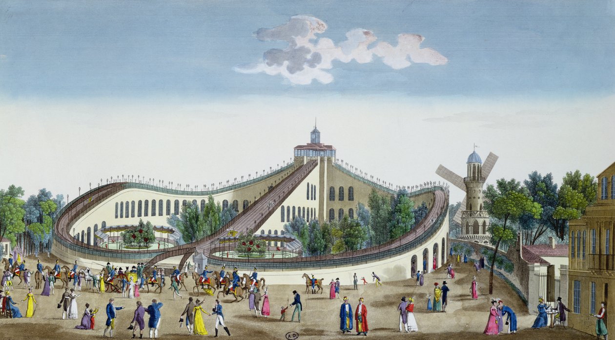 Promenades Aeriennes, Jardin Baujon, hedrad av hennes majestäts närvaro, 2 augusti 1817, c.1817 (färgstick) av Ambroise Louis Garneray