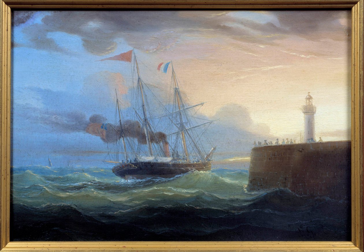 Steam Outgoing the Harbour Målning av Louis Garneray (1783-1857) Fecamp från 1800-talet, Museum of the Newfoundland av Ambroise Louis Garneray
