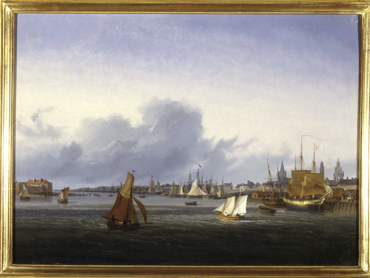 The Port of Calais av Louis Garneray, sd. omkr. 1820, Olja på duk, H. 0,330; L. 0,460. CCIP Coll. av Ambroise Louis Garneray