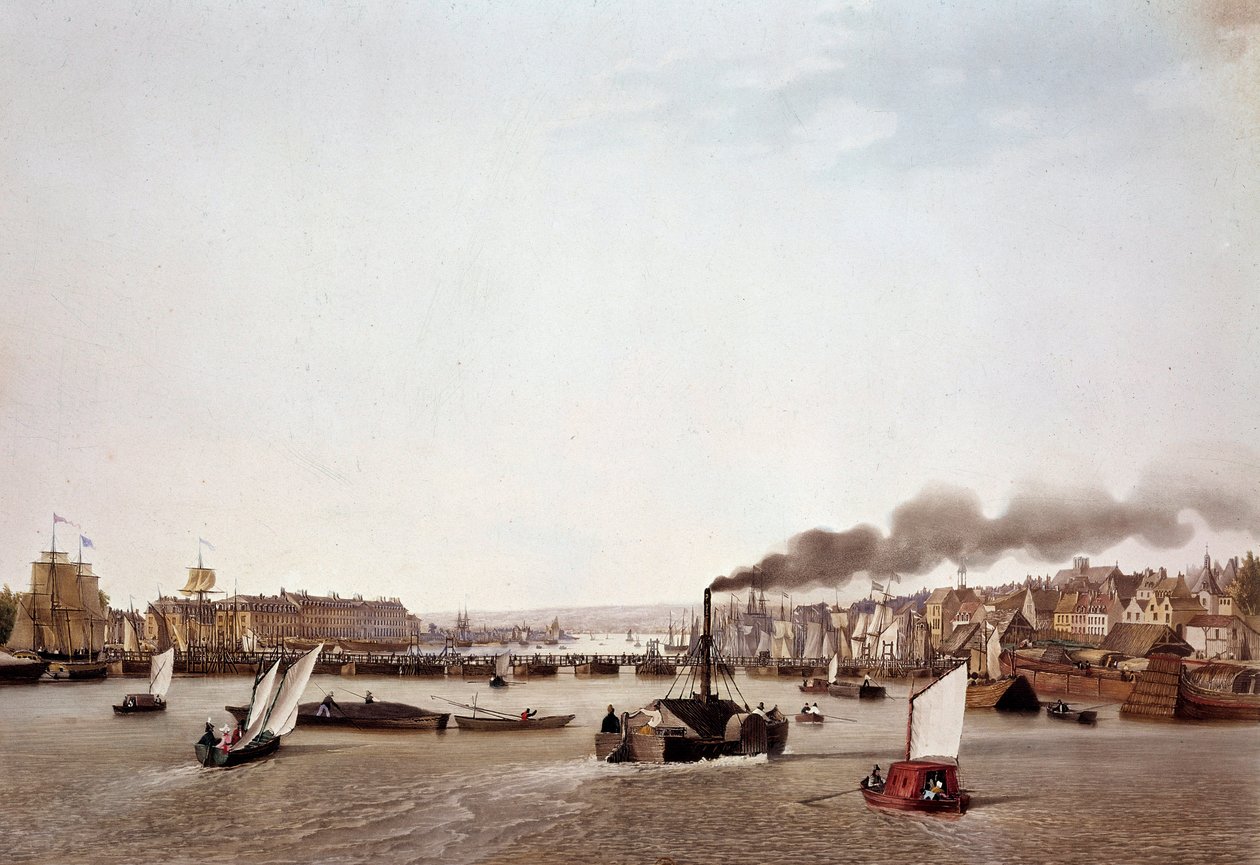 Vy över flodtrafiken på Seine till Rouen. Akvarell av Ambroise Louis Garneray (1783-1857) 1800-talets Paris, B.N. av Ambroise Louis Garneray