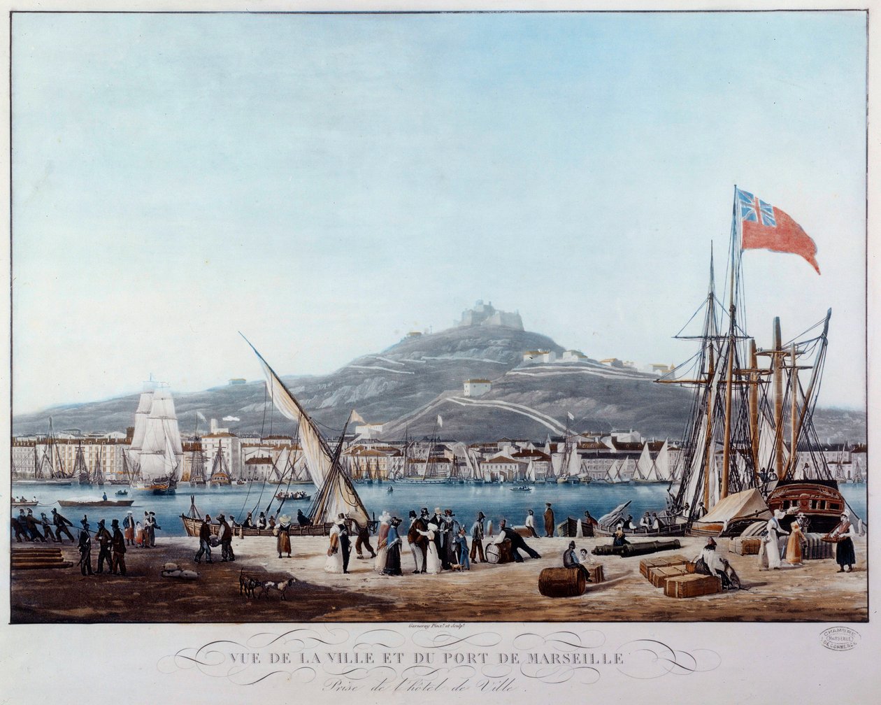 Utsikt över hamnen i Marseille under restaureringsakvarellen av Ambroise Louis Garneray (1783-1857) Marseille från 1800-talet, Musee de la Marine av Ambroise Louis Garneray