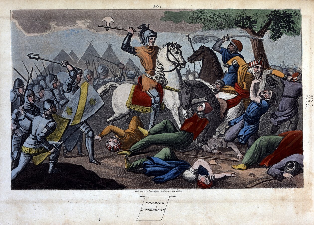 Slaget vid Poitiers: Charles Martel besegrade mellan Tours och Poitiers Abd al-Rahman I eller Abderamane I (Abd al-Rahman) (731-788), kung av Saracens 732 - Designad och graverad av Ambrose Tardieu 1825. av Ambroise Tardieu