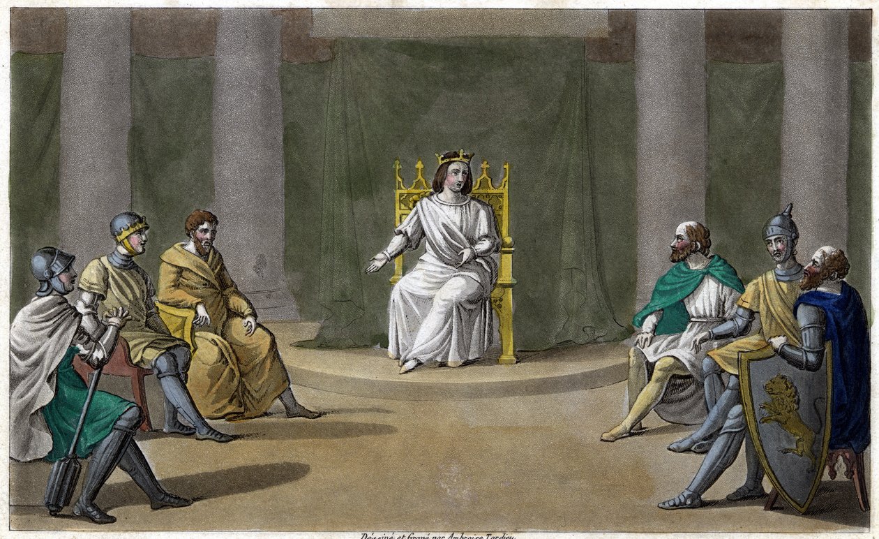 Caribert eller Chérebert, kung av Paris (561 - 567), höll råd, där han gav rättvisa. Designad och graverad av Ambroise Tardieu 1825. av Ambroise Tardieu