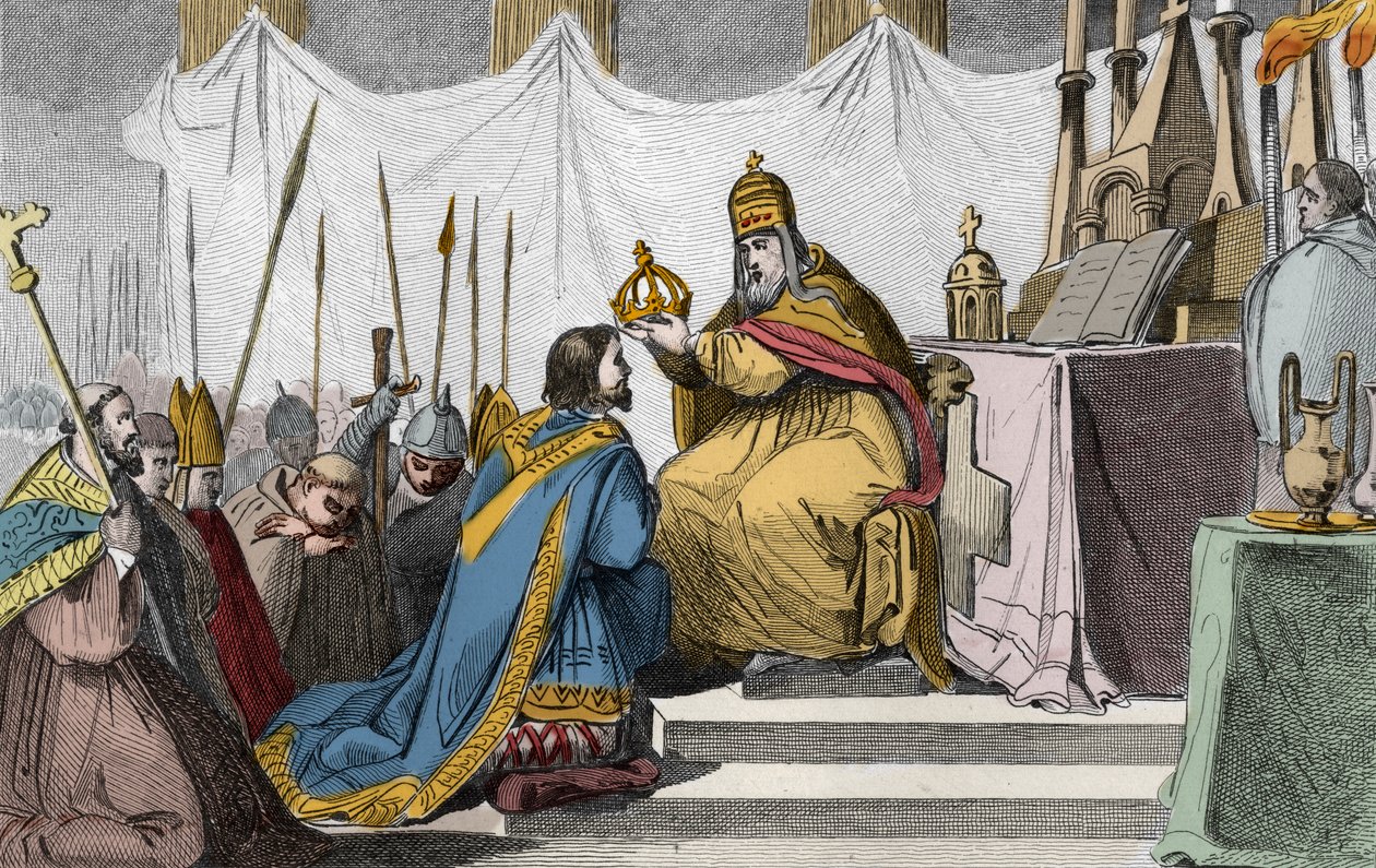 Karl den Store (742-814) krönt av påven Leo III (c750-816) vid Peterskyrkan i Rom den 25 december 800 - Karl den Stores Sacre (kröning) (742-814) en 800 av påven Leon III - Gravyr från 1825 i " Histoire de France representerad av synoptiska målningar av Ambroise Tardieu