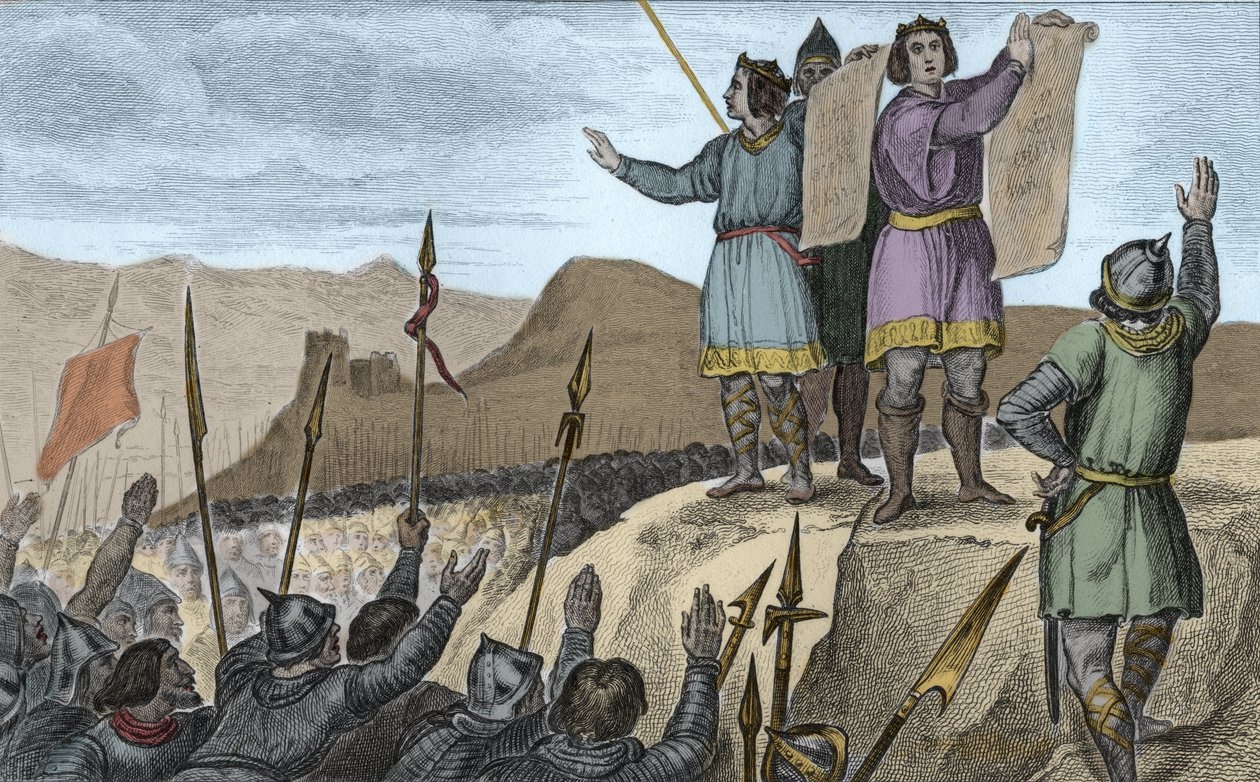 Karl II (823-77) den skallige och hans bror Ludvig den tyske sluter fördrag i Strasbourg 842 - Strasbourgs ed uttalade av Karl II den skallige (823-877), Frankrikes kung och kejsare av väst, och Ludvig Germanique , 14 februari 842 - Gravyr av Ambroise Tardieu