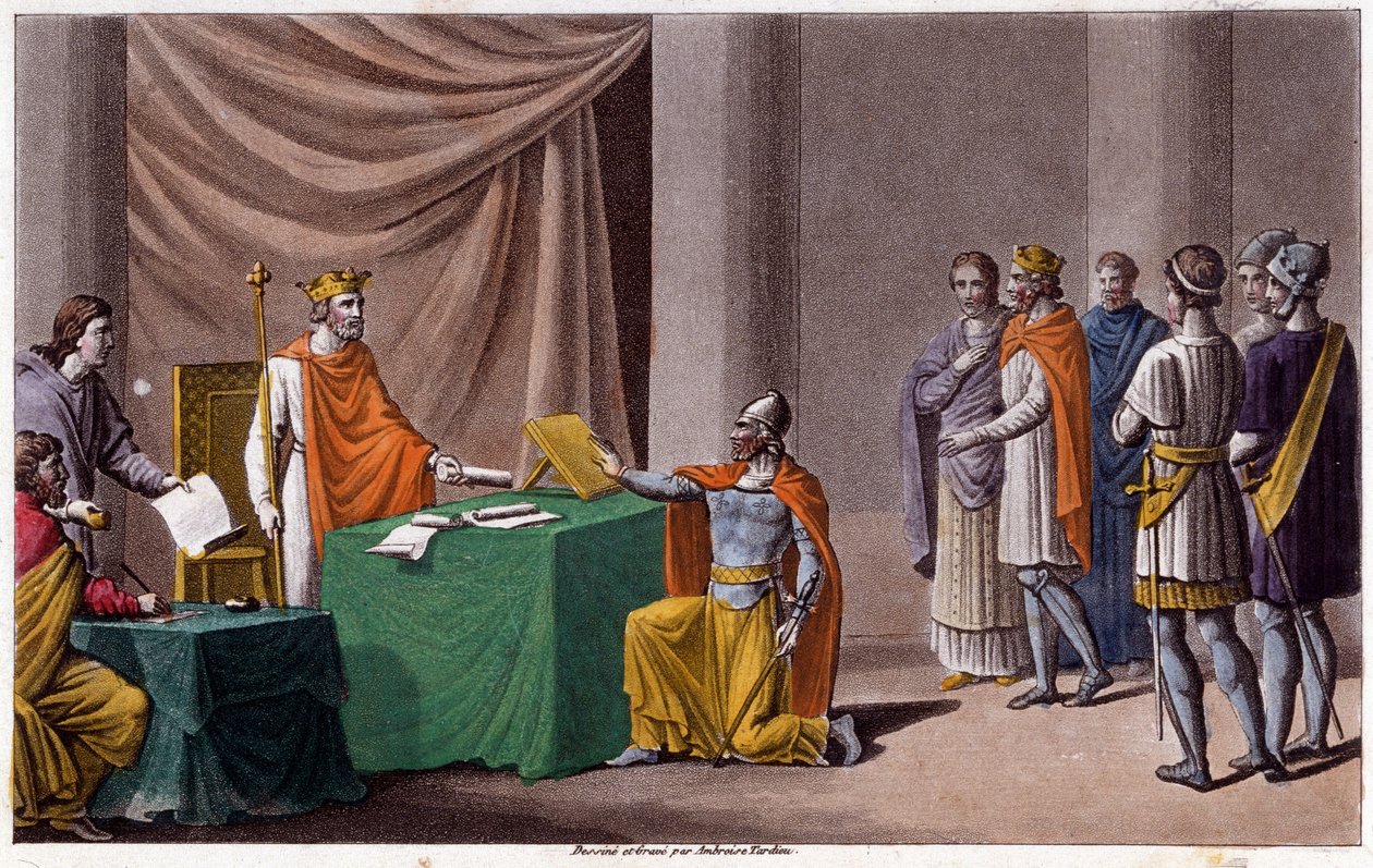 Karl II den skallige (823 - 877) undertecknade fördraget i Verdun (843) med Ludvig II germanen (804 - 876). Designad och graverad av Ambroise Tardieu 1825. av Ambroise Tardieu