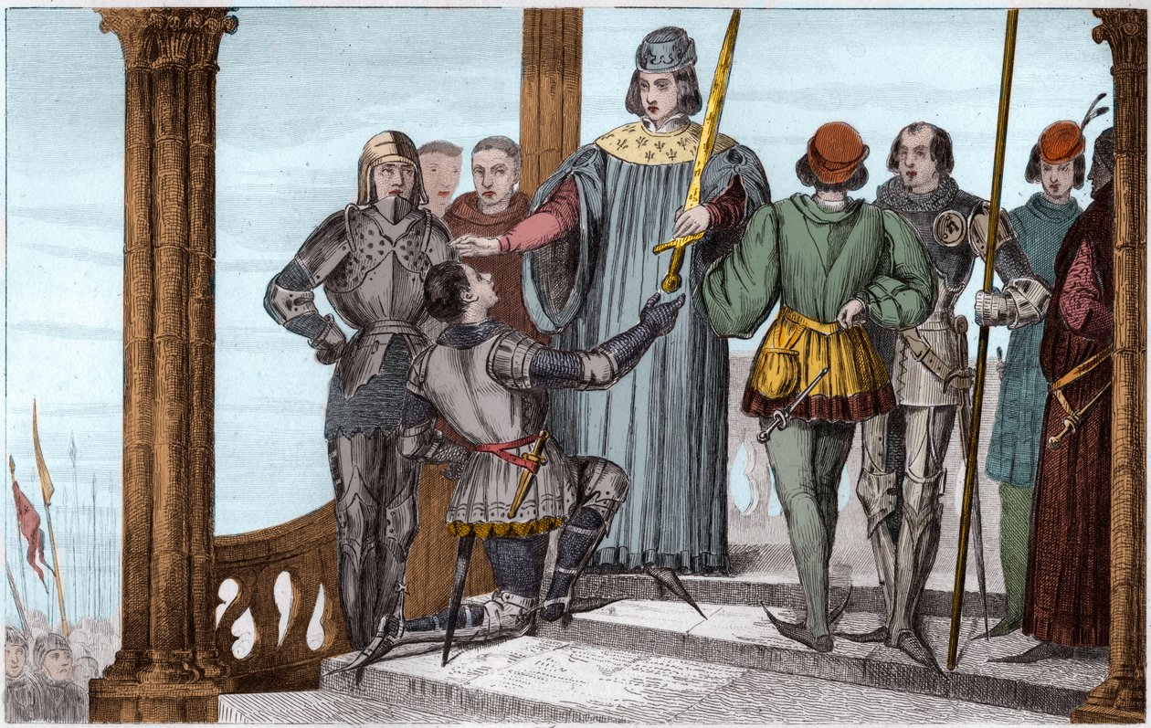 Charles V (1358-80) den vise överlämnar sitt svärd till Duguesdin - Charles V Le sage (1338-1380) presenterar högtidligt svärdet av den anslutna Bertrand du Guesclin (1320-1380) - Gravyr 1825 i "Histoire de France representerade av synoptiska målningar" de av Ambroise Tardieu
