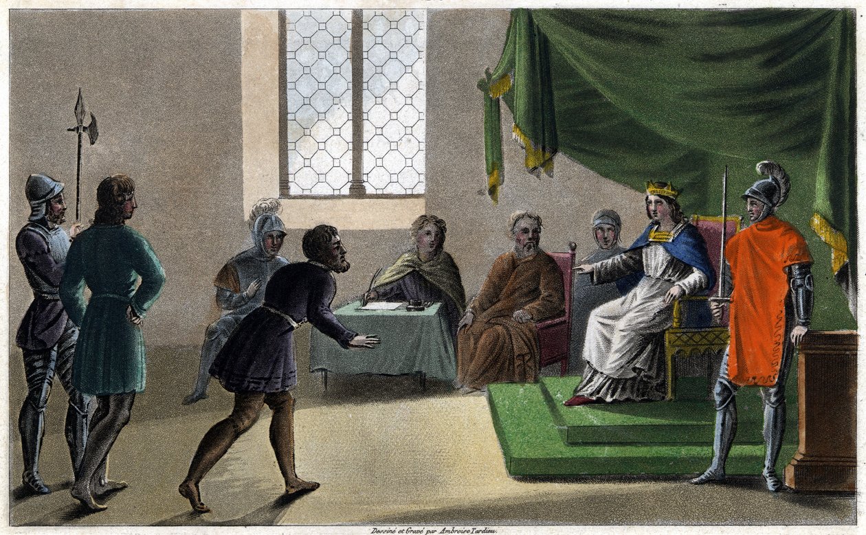 Childebert II den rättfärdige ger rättvisa åt sina undersåtar (711). Designad och graverad av Ambroise Tardieu 1825. av Ambroise Tardieu