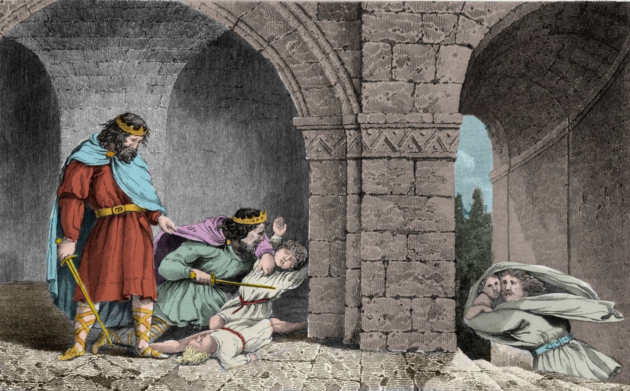 Childebert I (c498-558) vid mordet på hans bröders arvingar - Childebert I lät Clotaire (Clothaire) slakta barnen till deras bror Clodomir, kung av Orleans, vars stater de delar - Gravyr från 1825 i "Histoire de France representerad av synopti av Ambroise Tardieu