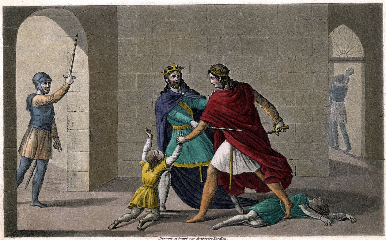 Childebert I lät Clotaire (Clothaire) slakta barnen till deras bror Clodomir, kung av Orleans, vars stater de delar. Designad och graverad av Ambroise Tardieu 1825. av Ambroise Tardieu