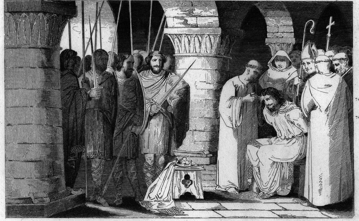 Childeric III (714-751) detroniseras och begränsas till ett kloster - Childeric III detrone och innesluten av Pepin le Brit i ett kloster i Saint Omer mellan 742-749 - Gravyr från 1825 i "Histoire de France representerad av synoptiska målningar dediee till av Ambroise Tardieu