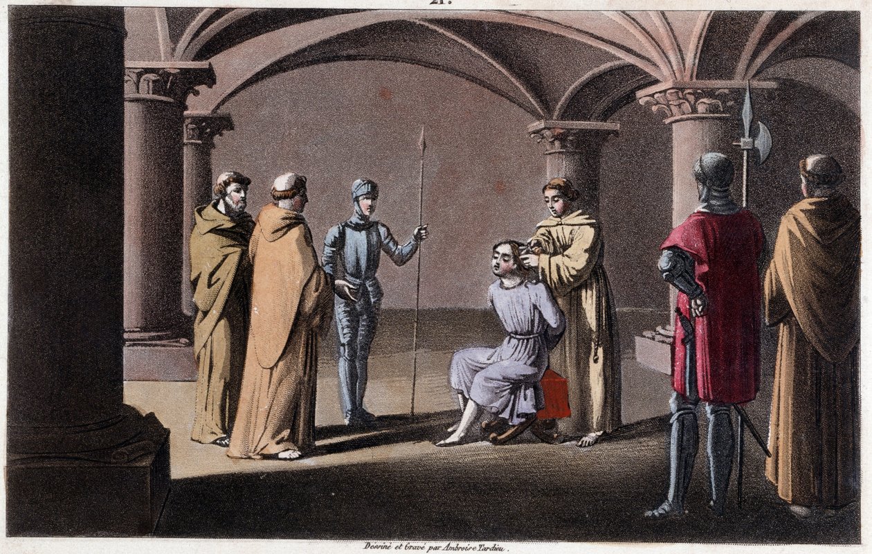 Childeric III detronerar och innesluter av Pepin le Brief i ett kloster i Saint Omer mellan 742 och 749. Ritningar och grav av Ambroise Tardieu 1825. av Ambroise Tardieu