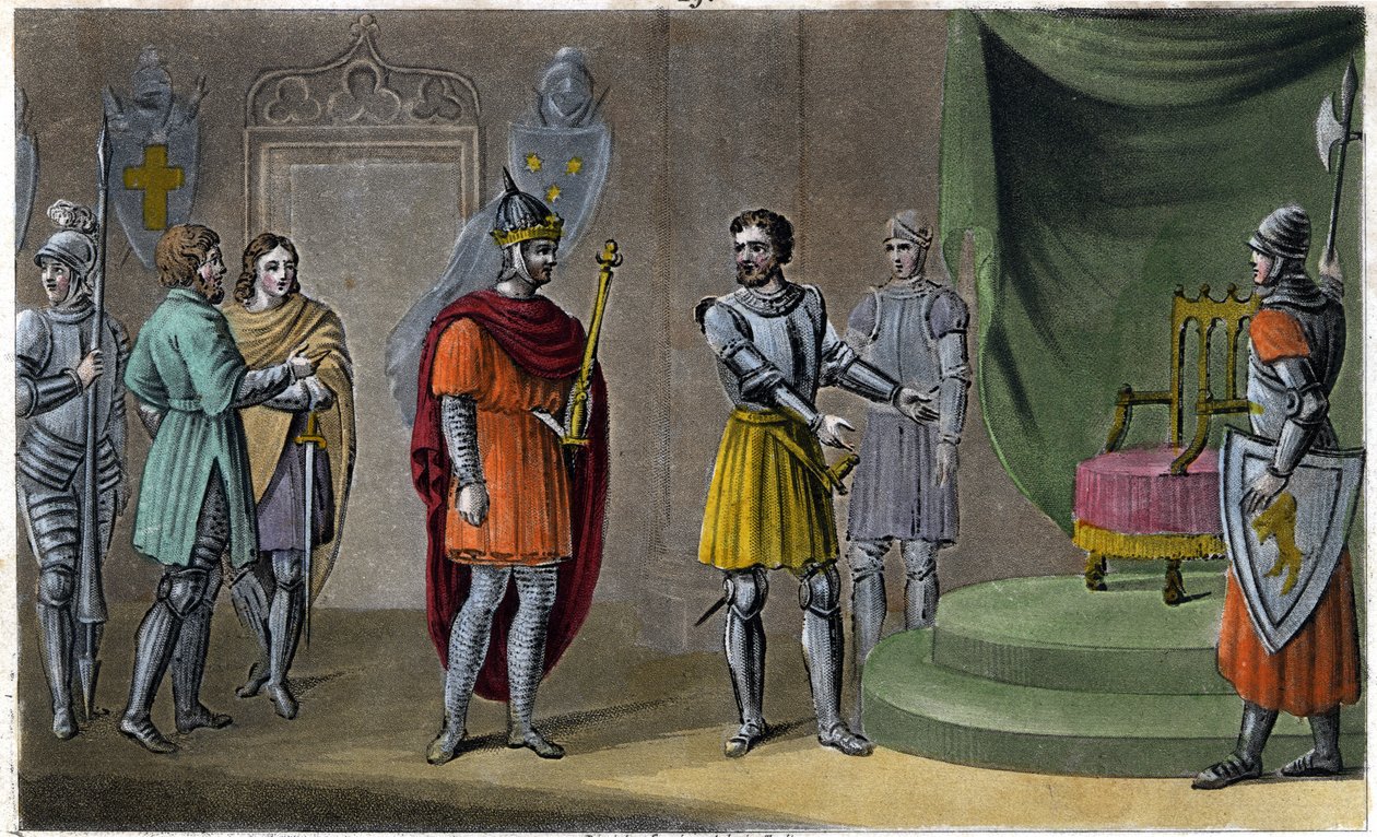 Chilperic II (670 - 721) placerades på tronen av Rainfroi 715. Designad och graverad av Ambroise Tardieu 1825. av Ambroise Tardieu