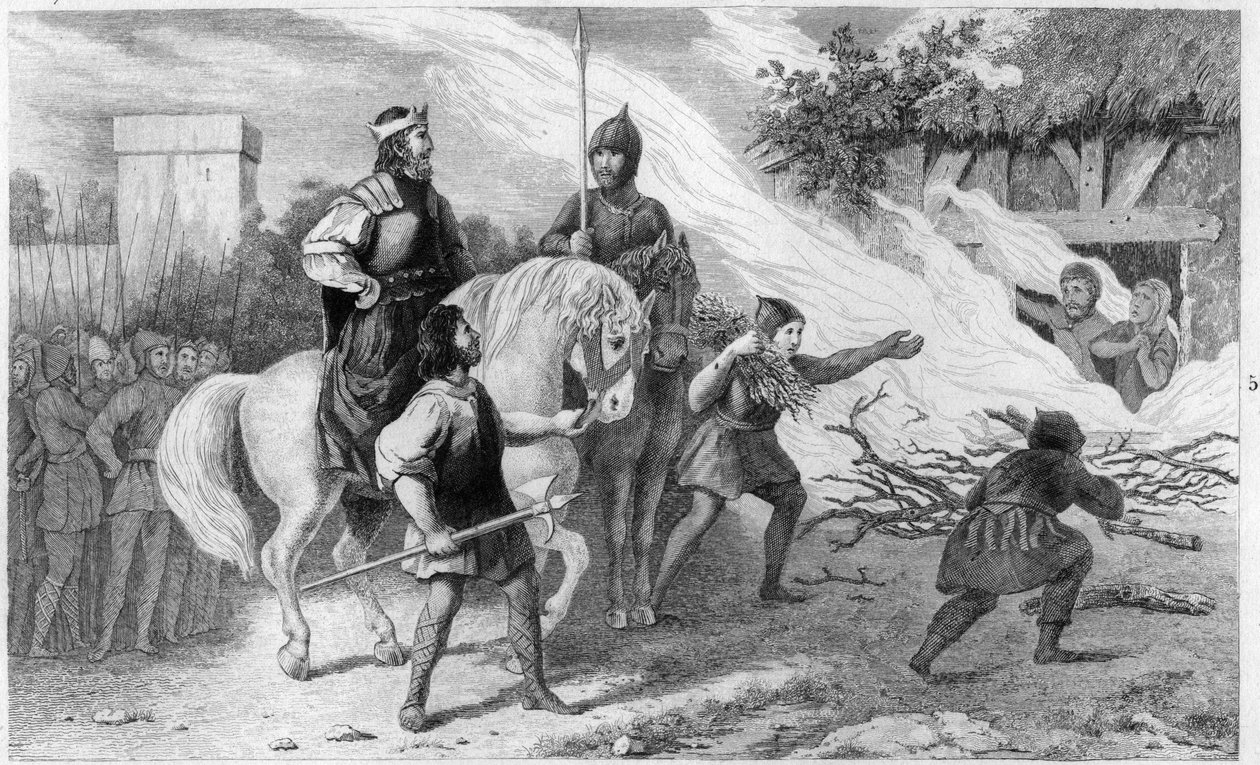 Chlothar I (497-561) bränner sin upproriska son och familj, 560 - Clotaire (Clothaire) I (497-561), kung av frankerna, bränner sin son Chramne (Chram, Chramn) och hans fru 560, som gjorde uppror mot honom - Gravyr 1825 i "Histoire de France representerad a av Ambroise Tardieu
