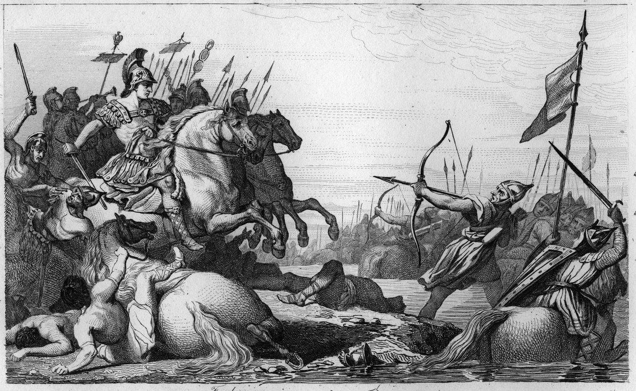 Clodion, The Hairy (c428-47) retirerar över bron efter hans nederlag mot Aetius - Clodion dit "" Le Chevelu"" (ca 428-ca 448), förfader till merovingerna, ledare för Salians Francs - Clodion är besegrad av Aetius, general Valentinien III, som av Ambroise Tardieu