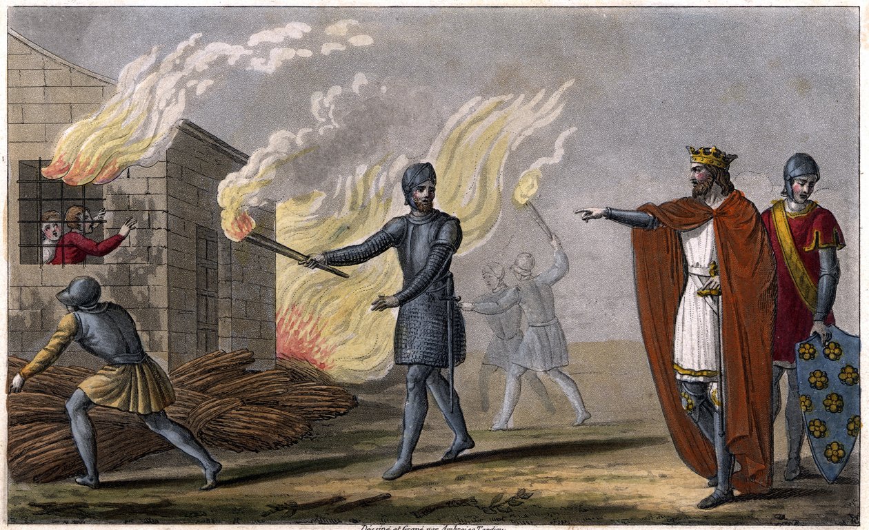 Clotaire (Clothaire) I (497 - 561) bränner sin son Chramne i en stuga, gör uppror mot honom - Reign of Clotaire. Clotaire brände i en stuga hans son Chramne gjorde uppror mot honom - Dessine et grave av Ambroise Tardieu 1825. av Ambroise Tardieu