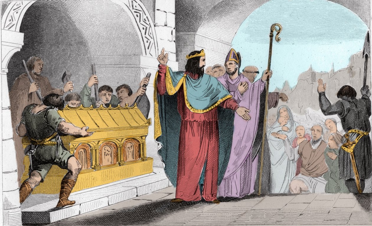 Clovis II (635-657) Säljer silver och guld från helgedomen för att mata de fattiga - Clovis II dit "" le Faineant"" för att mata de fattiga gjorde att guld- och silverbladen togs bort från kyrkan Saint-Denis - Gravyr 1825 i ”Histoire de France representera av Ambroise Tardieu