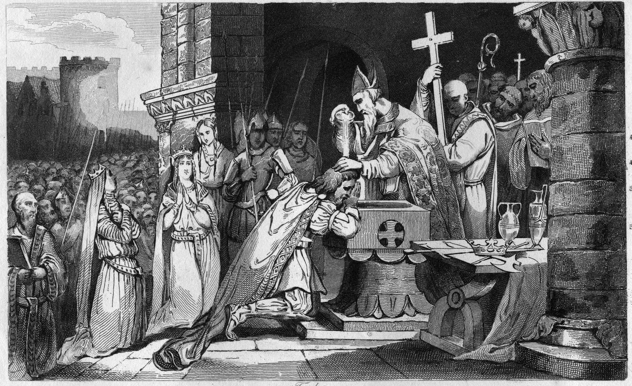 Clovis I (465-511) Döpt med män från sin armé före slaget vid Tolbiac - Bapteme av Clovis 1:a, 25:e december 496: le roi des Francs (466-511) döps av Saint Remi (437-533), eveque of Reims, i Saint Martin Church - Gravyr 1825 i "Histoi av Ambroise Tardieu