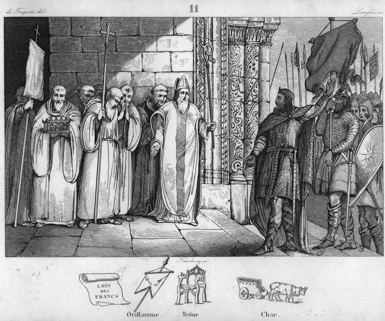Dagobert 603 till 639 tar ner fanan vid St Denis - Dagobert I, frankernas kung, efter att ha skapat klostret Saint-Denis, har oriflamen deponerad där omkring 634 - Gravyr från 1825 i "Histoire de France representerad av synoptiska målningar dedie av Ambroise Tardieu