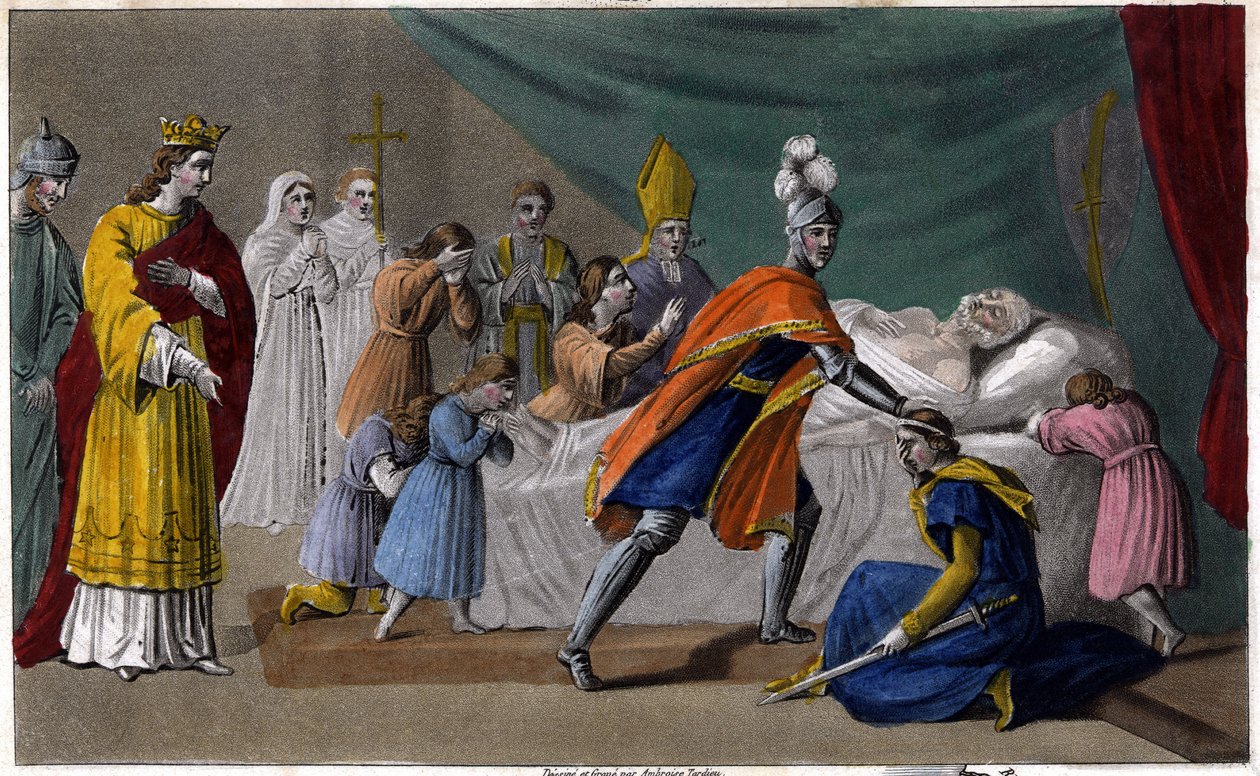 Död av Pepin av Herstal (635-714) omgiven av sin familj - Pepin de Herstals död (farfar till Pepin le Brief), omgiven av sin familj och i närvaro av Dagobert III (714) - Ritning och grav av Ambroise Tardieu i 1825 av Ambroise Tardieu