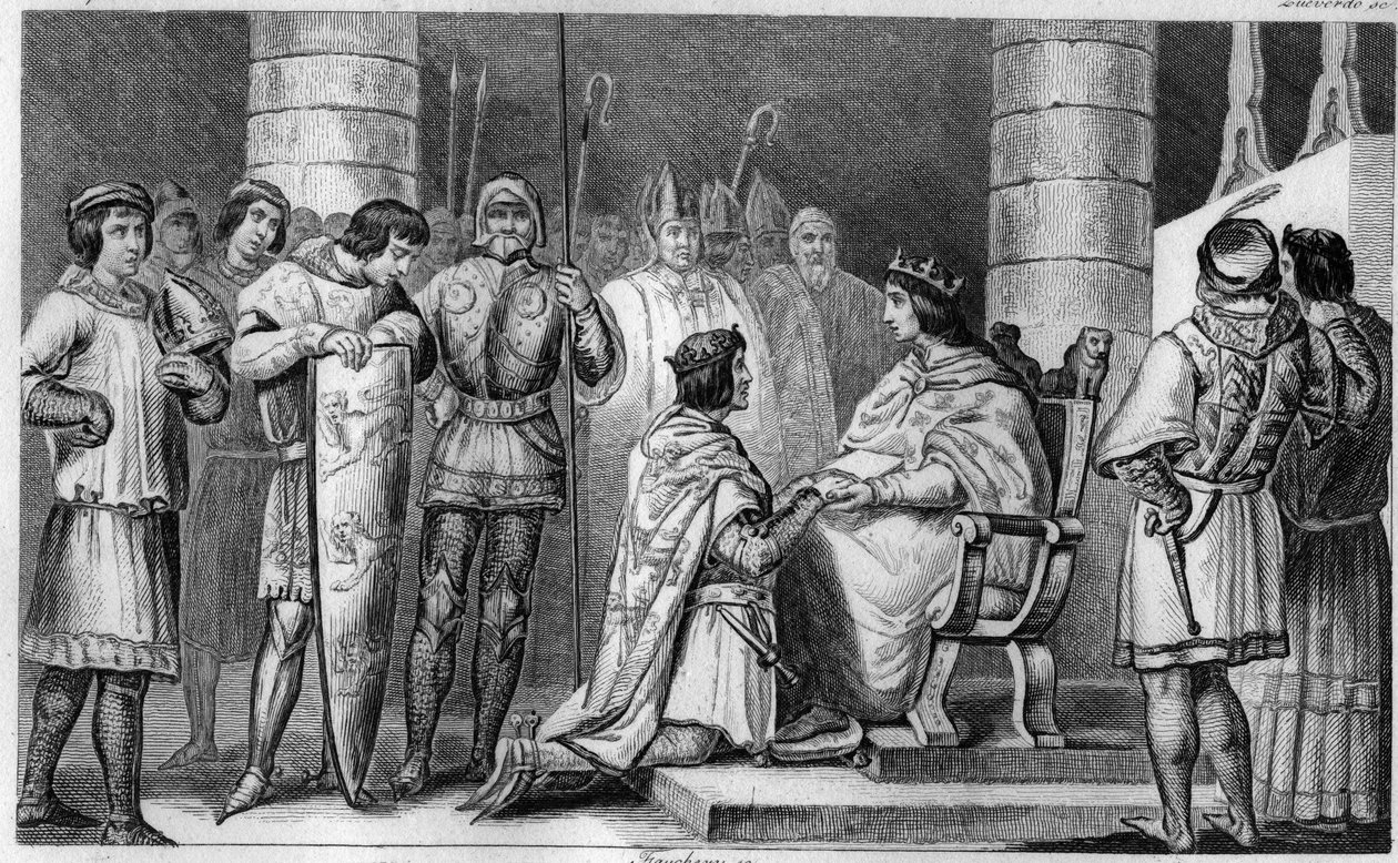Edvard III av England tvingar oss att hylla Filip VI av Valois, i katedralen i Amiens 1329 - Gravyr från 1825 i "Histoire de France representerad av synoptiska målningar tillägnade Frankrikes barn och anställda för deras utbildning" - av Ambroise Tardieu