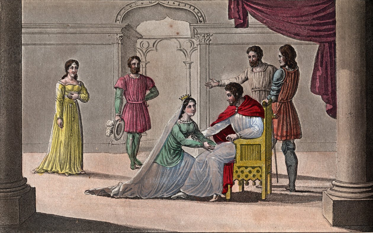 Emma av Frankrike (894-934) kysser knäna på sin man Raoul (cirka 890-936) som hon valde till kung under fångenskapen av Karl III den Enkle - Rita och grava av Ambroise Tardieu 1825 av Ambroise Tardieu