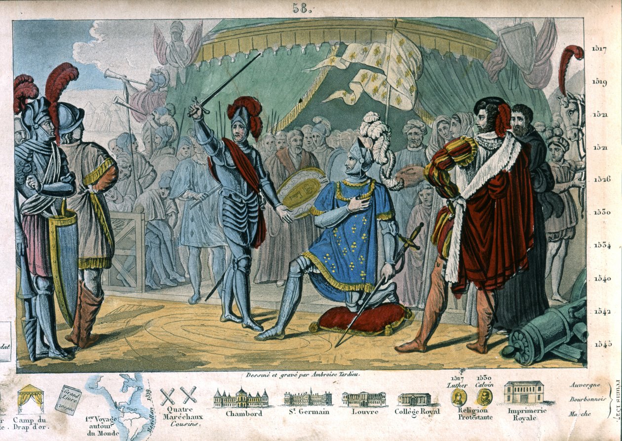 Frans I av Frankrike begär att bli adlad av Chevalier Bayard efter seger i slaget vid Marignano, Italien av Ambroise Tardieu