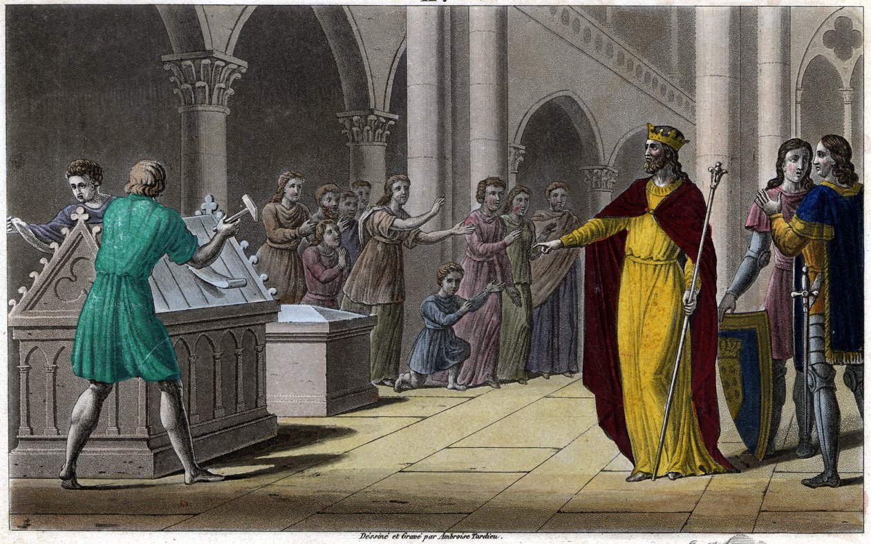 Grimoald, son till Pépin den äldre, borgmästare i palatset i Austrasia (642) under Sigebert III. Designad och graverad av Ambroise Tardieu 1825. av Ambroise Tardieu