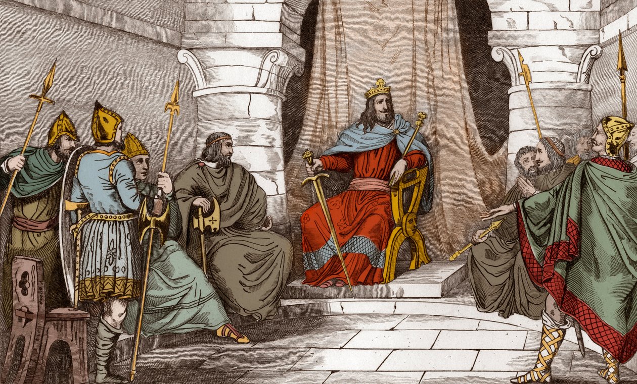 Kung Charibert (521-567) i råd med magistrater - Caribert eller Cherebert, kung av Paris (561-567) som håller råd, eller han gav rättvisa - Gravyr från 1825 i "Histoire de France representerad av synoptiska målningar dediee till Frankrikes barn och av Ambroise Tardieu