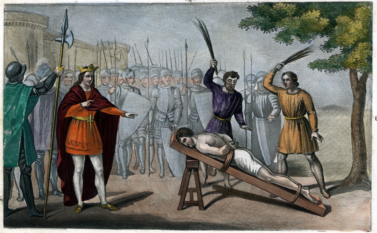 Lord Bodillon piskas efter att ha klagat över Childeric II:s (653-73) skattehöjning - Childeric II har bundit fast en burgundisk lord vid namn Badillon eller Bodillon vid en stolpe och slagit honom som en slav för att han vågat påtala faran med en alltför  av Ambroise Tardieu