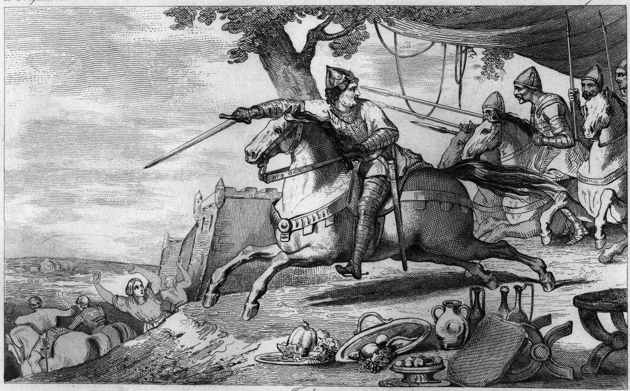 Lothair (941-986) leder sin armé in i strid (Aachen) - Lothaire (941-986), Merovingernas dynasti - Han kämpade mot den germanske kejsaren Otton I och överraskningsanfallet i Aachen (Aachen) - Gravyr 1825 i ”Histoire de France representeras av av Ambroise Tardieu
