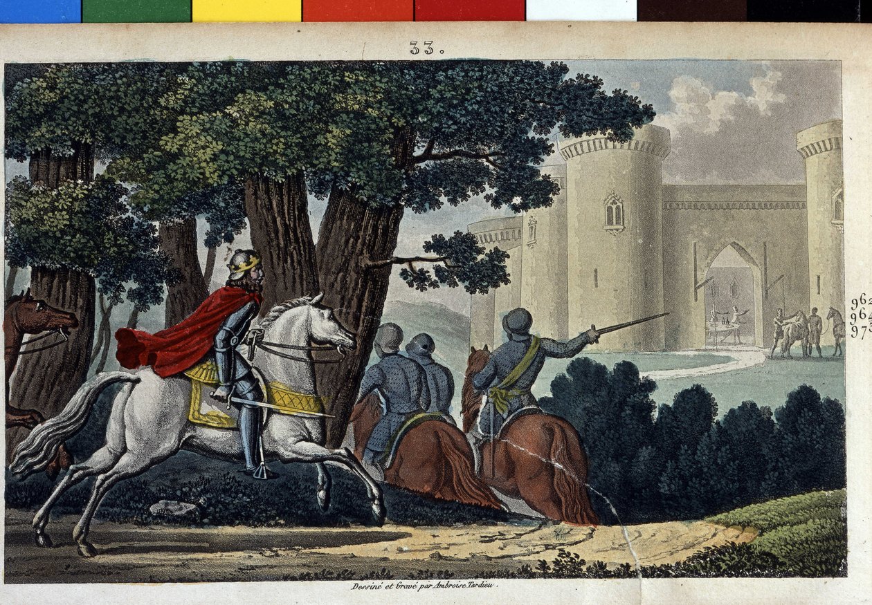 Lothaire (941-986), den merovingerska dynastin. Han kämpade mot den tyske kejsaren Otton I och överraskade honom i Aachel.- Designad och graverad av Ambrose Tardieu 1825. av Ambroise Tardieu
