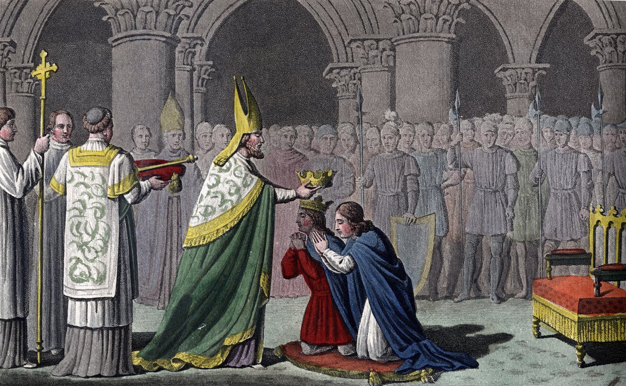 Ludvig III (863-82) och Carloman (865-84) kröns tillsammans - Ludvig III (v.863 - 882) och Carloman (? - 884) är heliga och kröns samma dag (år 879) i klostret Ferrières i Gâtinais - Designad och graverad av Ambroise Tardieu 1825. av Ambroise Tardieu