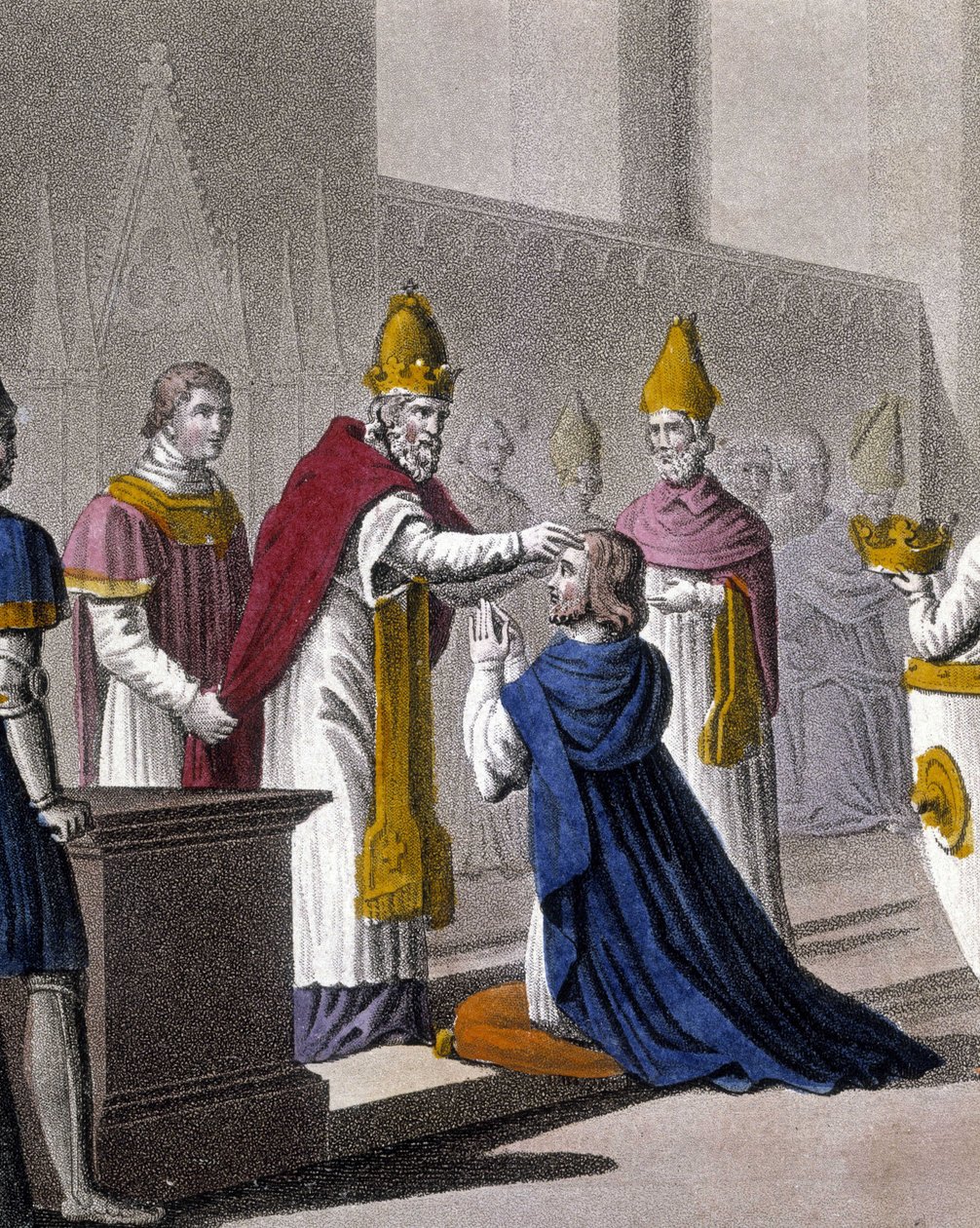 Ludvig II invigdes en andra gång vid konciliet i Troyes av Johannes VIII 879 (detalj av 33595). Designad och graverad av Ambroise Tardieu 1825. av Ambroise Tardieu