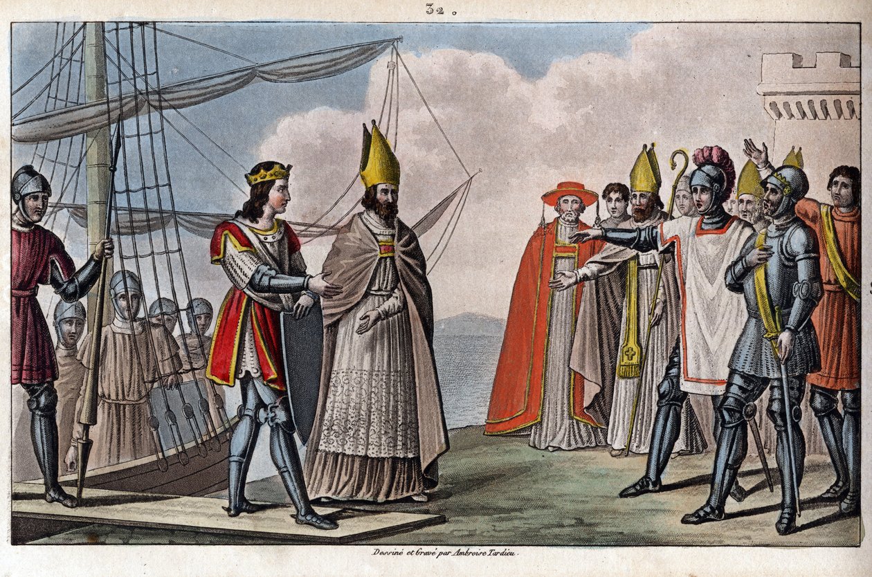 Ludvig IV av Outremer (utomlands, utomlands) (921-954), karolingisk dynasti. Han fördes tillbaka från England till Frankrike av Guillaume, Archeveque de Sens, för att återta under Hugues den stores ledning. - Rita och grava av Ambroise Tardieu 1825. av Ambroise Tardieu