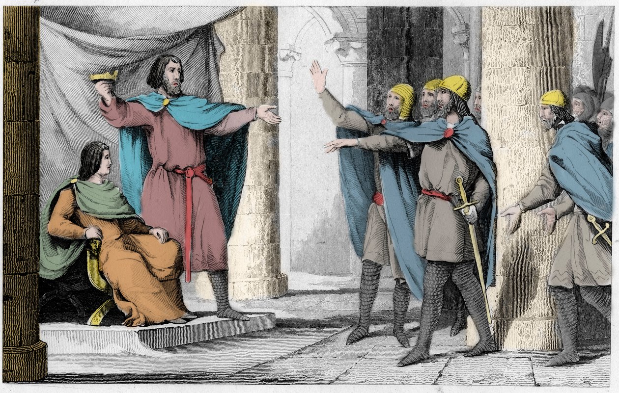 Louis V the Indolent visar sin krona för sina anhängare 986 - Louis V le Faineant (ca 967-987), utropad till kung av Frankrike under skydd av Hugues Capet, som blev kung av Frankrike, 986 - Gravyr 1825 i " Histoire de France representerad av synopt av Ambroise Tardieu