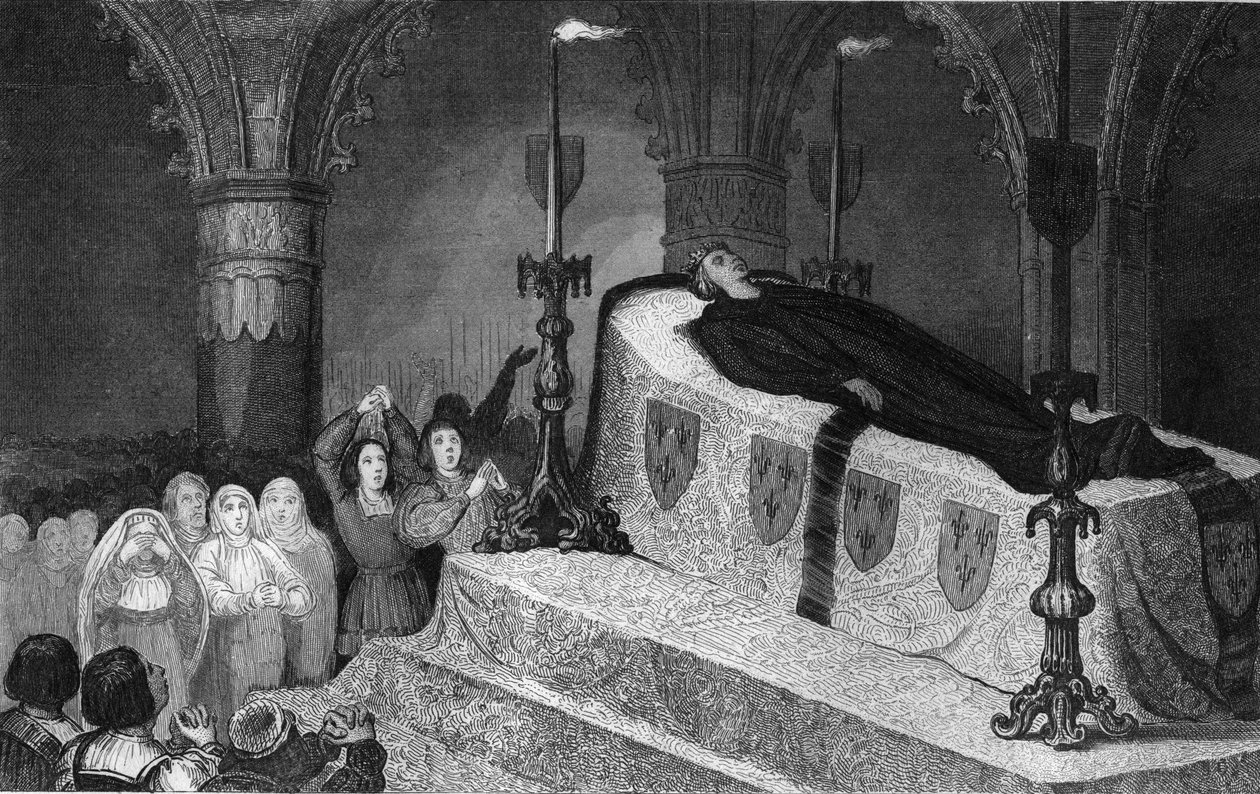 Ludvig XII (1462-1515) Folkets fader på sin begravningsbår - Ludvig XII (1462-1515) Pere du Peuple sur son lit de mort - Gravyr från 1825 i "Histoire de France representerad av synoptiska målningar dediee till Frankrikes barn och anställd för deras e av Ambroise Tardieu