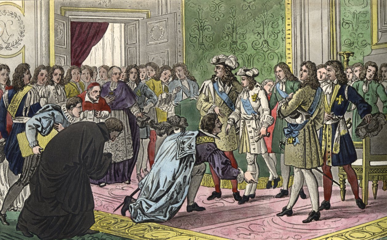 Ludvig XIV (1638-1715), omgiven av sin familj och hovets viktigaste personer, presenterar sin sonson Filip V för Spaniens sändebud som deras nya kung 1700. - Designad och graverad av Ambroise Tardieu 1825. av Ambroise Tardieu