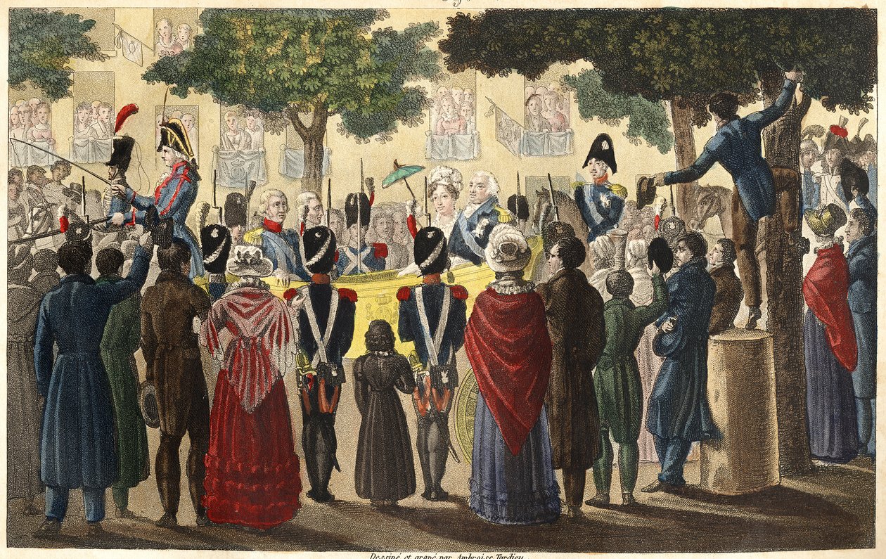 Ludvig XVIII (1755-1824) utropades till kung av Condés armé bland ett litet antal undersåtar lojala mot Paris 1814 (Restaurering) - Designad och graverad av Ambroise Tardieu 1825. av Ambroise Tardieu