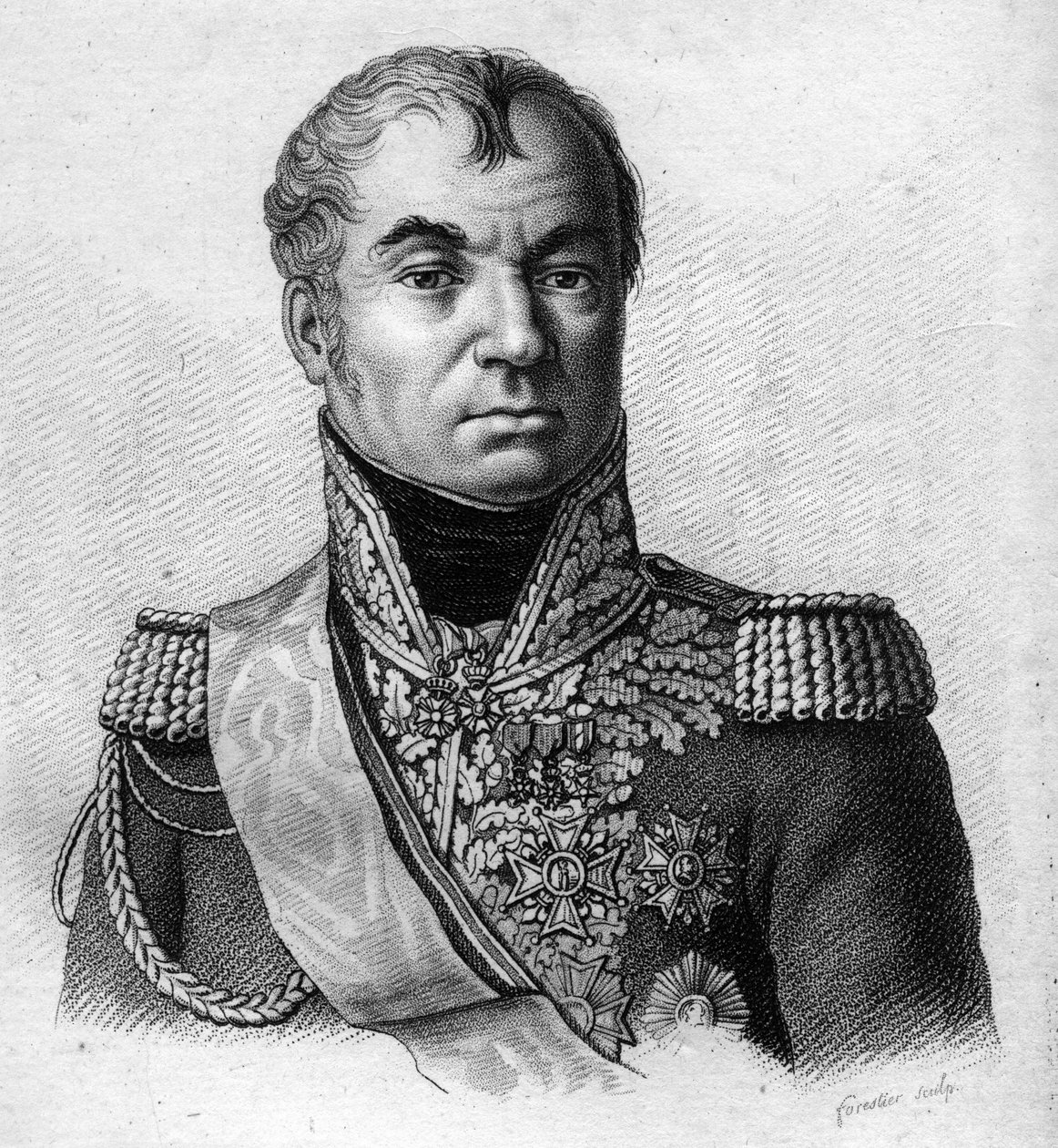 Marskalk Oudinot. Nicolas Charles Oudinot, hertig av Reggio Maréchal av Frankrike (1767 till 1847).i "" Porträtt av de franska generalerna efter fransmännens segrar och erövringar"". Graverad av Ambroise Tardieu 1818. Stella Collection. av Ambroise Tardieu