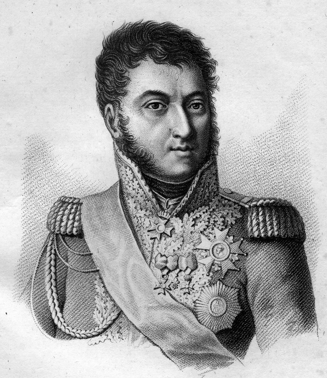 Marskalk Suchet. Louis Gabriel (Louis-Gabriel) Suchet (1770-1826), hertig av Albufera Maréchal av Frankrike. i” Porträtt av de franska generalerna efter fransmännens segrar och erövringar””. Graverad av Ambroise Tardieu 1818. Stella Collection. av Ambroise Tardieu