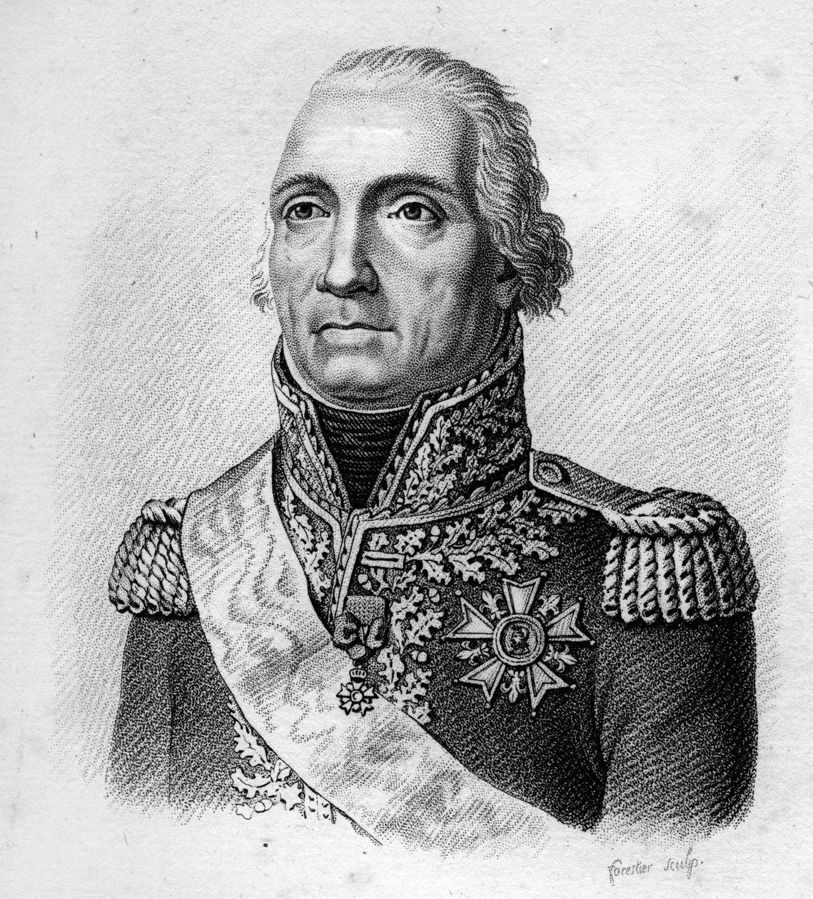Marskalk av Moncey. Bon Adrien Jeannot de Moncey, hertig av Conegliano Maréchal av Frankrike (1754 till 1842). i "" Porträtt av de franska generalerna efter fransmännens segrar och erövringar"". Graverad av Ambroise Tardieu 1818. Stella Collection. av Ambroise Tardieu