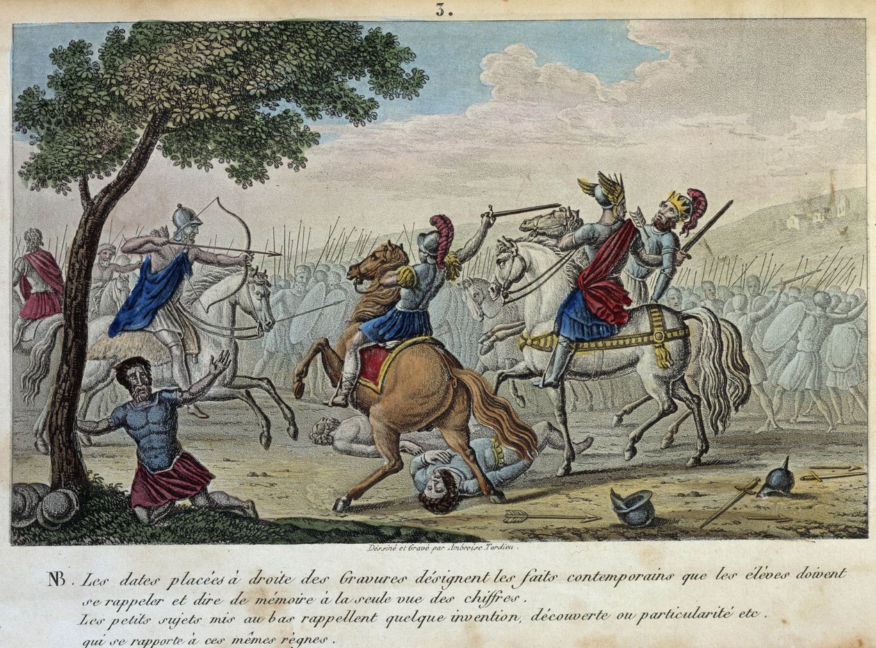 Merovee (447-458) trotsar Attila vid Catalaunique Fields nära Troyes med Aetius och Theodoric I. Han är den förmätande kungen av Francs-Salians och gav sitt namn till den merovingerska dynastin. - Rita och grava av Ambrose Tardieu 1825. av Ambroise Tardieu