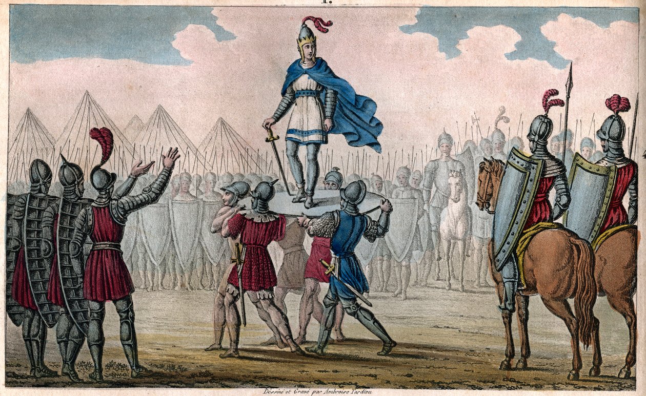 Pharamond I (c370-427), kung av frankerna. Rest upp på en sköld av sitt folk som har valt honom till kung - Pharamond, erkänd av franc-salianerna och gallerna förenade i ett folk, reses upp på en sköld och vandrar runt lägret i triumf - Legenda av Ambroise Tardieu