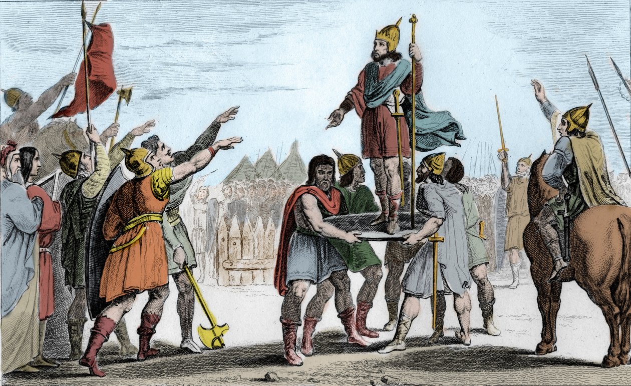Pharamond I (c370-427), kung av frankerna. Rest upp på en sköld av sitt folk som har valt honom till kung - Pharamond, erkänd av franc-salianerna och gallerna återförenade i ett folk, reses upp på en sköld och vandrar runt lägret i triumf - Legen av Ambroise Tardieu