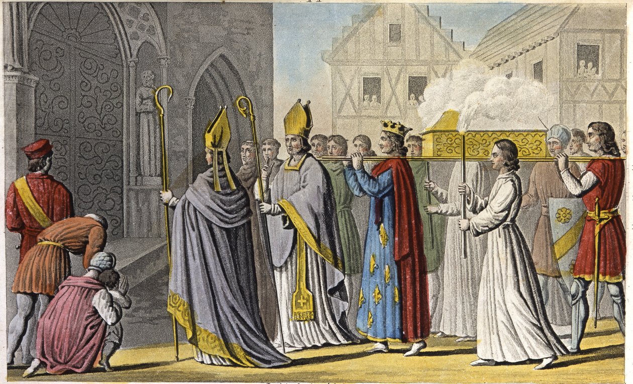 Filip III gjorde en högtidlig gudstjänst till Notre-Dame och bar kistan till fots till Saint-Denis som innehöll Saint-Louis hövding och ben, där köttet och tarmarna hade placerats i en grav nära Palermo på Sicilien - Filip III:s regeringstid av Frankrike.  av Ambroise Tardieu
