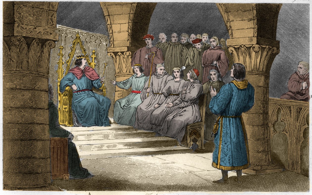 Filip V (1294-1322) den långe och generalstaterna avvisar anspråken från Jeanne II (Salisk lag) - Philippe V dit "" Le Long"" (1294-1322) - Generalstaterna, kallade till Louvren, förklarade Filip V till kung och uteslöt från kronan sin systerdotter Jeann av Ambroise Tardieu