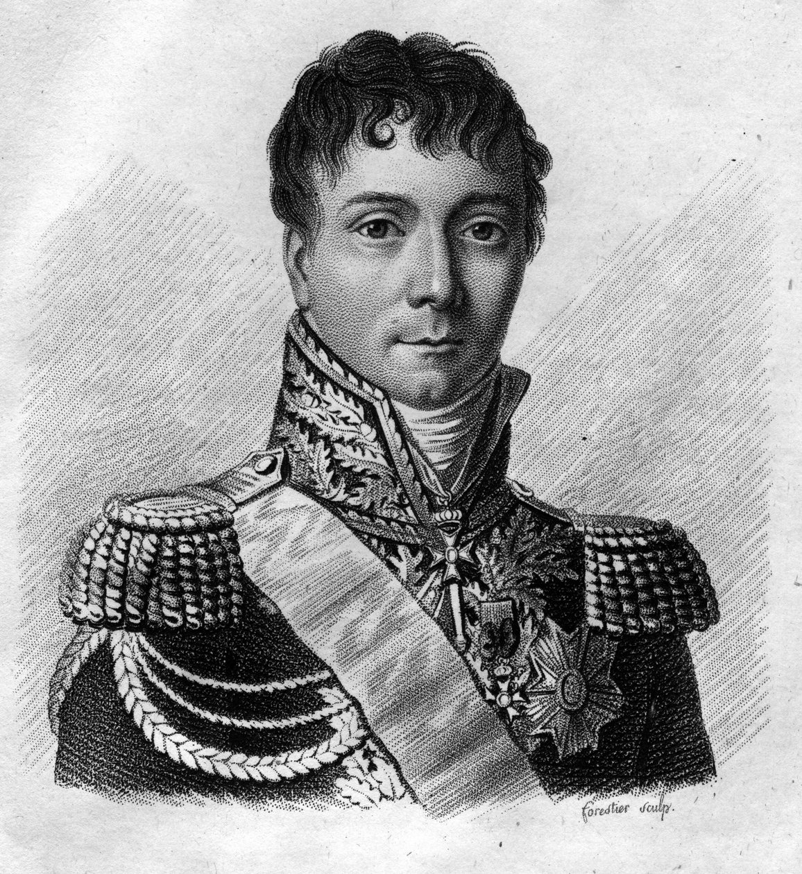 Porträtt av Charles Etienne Gudin de la Sablonniere (1768 -1812) general francais. I "" Porträtt av de franska generalerna efter fransmännens segrar och erövringar"". Grav av Ambroise Tardieu 1818. Stellasamling. av Ambroise Tardieu